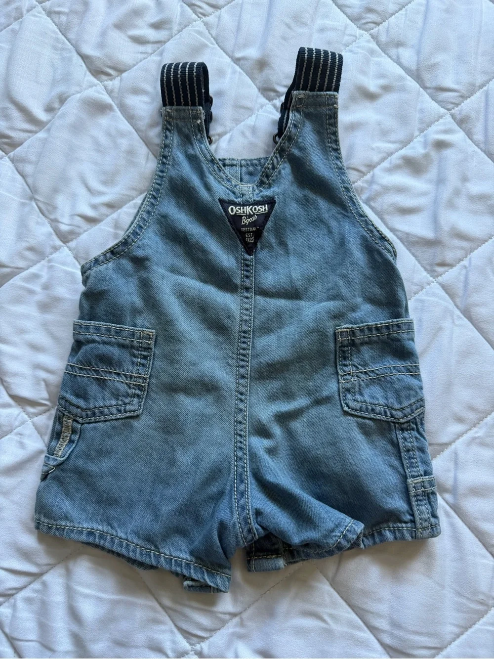 OshKosh B'gosh Light Blue Denim Shortalls with Striped Strap Accents